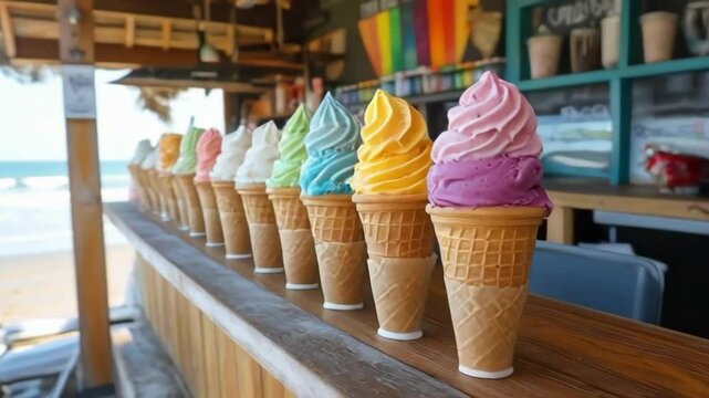 A row of colorful ice cream cones are displayed on a wooden counter. The ice cream is in various flavors, including blueberry, strawberry, and vanilla. The scene is set on a beach