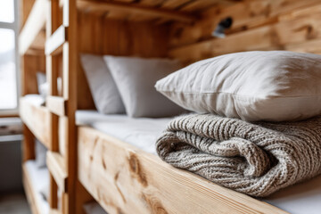 Warm and cosy bunk beds in hostel. Tourism and hotel business concept