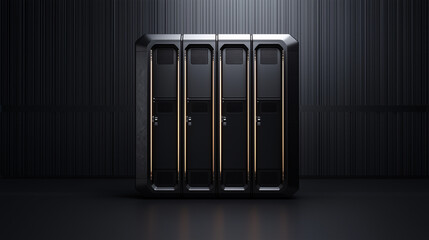 Futuristic black server units in a high-tech data center with dramatic lighting and a sleek modern industrial design.