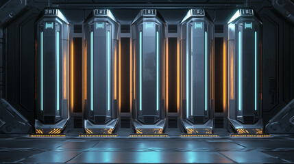 Futuristic sci fi cryogenic pods with glowing blue and orange lights inside a high tech metallic space station interior.