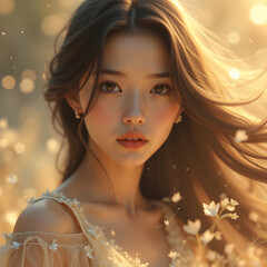 Beautiful East Asian woman with flowing brown hair standing in white flower field, soft sunset light gently moving through delicate dress and windswept strands