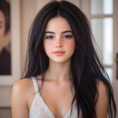Attractive brunette with rosy complexion standing in soft lit interior, wearing light colored top and expressing confident, peaceful demeanor with natural elegance