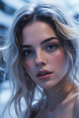 Blonde woman posing with wavy hair, wearing soft pink lipstick, radiating elegance against minimalist studio background, showcasing professional beauty aesthetic