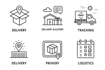 set of 6 outline icons related to Delivery and Logistics. Icon of Delivery and Guttery, Shacking, Tracking, Precept, Devan and lark. editable stroke vector and Illustration icon set