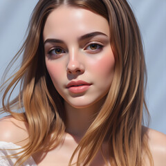 Beautiful young woman with flowing brown hair standing in natural light, highlighting glowing skin and natural beauty