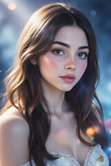 Professional headshot featuring elegant woman with flowing brown locks, white gown, standing against blurred blue backdrop. Soft illumination enhancing graceful, sophisticated mood