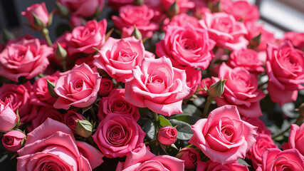 Beautiful pink roses in full bloom for use as a background image.  AI generated.