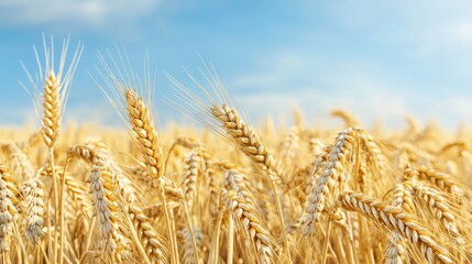 Fototapeta premium Golden wheat fields under a clear blue sky.