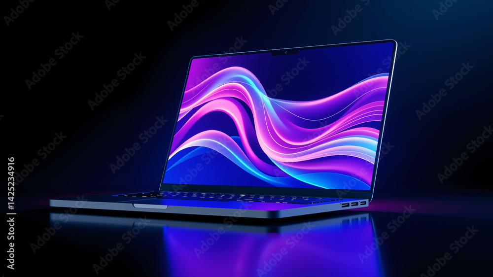 Fototapete an open laptop with colorful line graphics on the screen against a black background. ai generated.