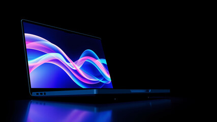 An open laptop with colorful line graphics on the screen against a black background.  AI generated.