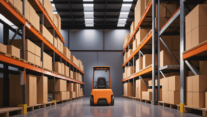 The warehouse has many shelves and a forklift is parked in the middle.  AI generated.