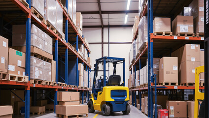 The warehouse has many shelves and a forklift is parked in the middle.  AI generated.