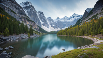 The lake at a magical moment, with the reflection of the mountains.  AI generated.