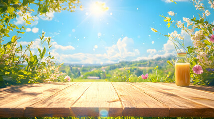 A natural spring garden background of fresh green grass with a bright blue sunny sky with a wooden table to place cut out products on