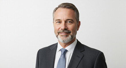 Professional portrait of a senior businessman with gray hair and beard, dark suit and light blue tie, minimal white backdrop, modern business style and genuine smile.