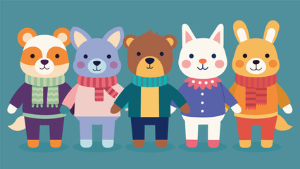 Naklejka premium A collection of handknitted toy animals each one more charming than the last thanks to their new cozy sweaters.. Vector illustration