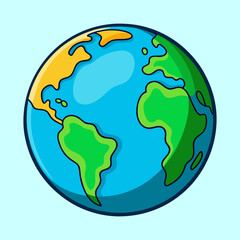 Cartoon Earth with blue oceans and green continents on a light blue background
