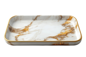 Elegant white marble tray with gold rim perfect for serving or displaying adding a touch of luxury to any space Subtle gold veining on transparent background