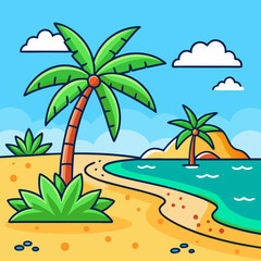 Cartoon tropical island scene with palm trees, sand, ocean and clouds