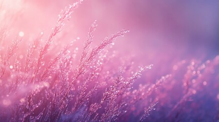 Dew drops on the tips of grass blades in an early morning meadow.