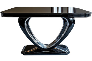 Sleek black high gloss dining table with a modern V shaped base reflecting light beautifully against a black background A statement piece on transparent background