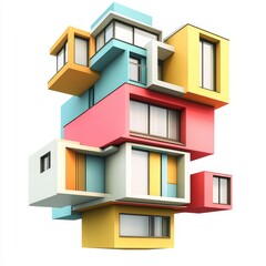 Colorful modular building design, white background, architecture concept, real estate