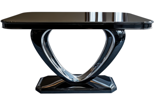 Sleek black high gloss dining table with a modern V shaped base reflecting light beautifully against a black background A statement piece on transparent background