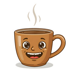 Obraz premium Cartoon coffee mug with a smiling face and steam rising from the liquid inside on transparent background