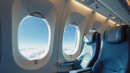 The passenger seat on the plane has a window that allows a view of the clouds outside. AI generated.
