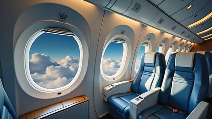 The passenger seat on the plane has a window that allows a view of the clouds outside.  AI generated.