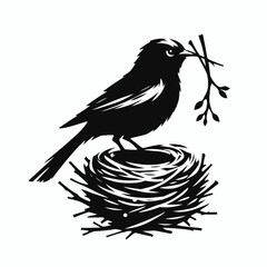Silhouette of a small bird building a nest with twigs in its beak, black vector on white 