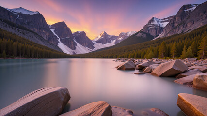 A lake view with rocks in the foreground and a tall mountain range and twilight sky in the background.  AI generated.