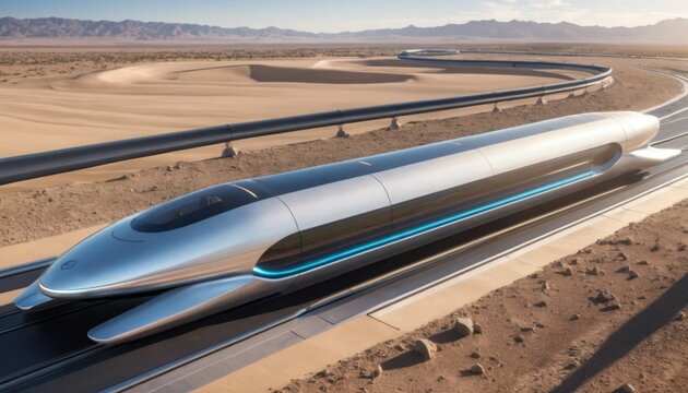 Futuristic high-speed transport capsule on elevated track in desert landscape with curved rail system against mountain backdrop - Powered by Adobe