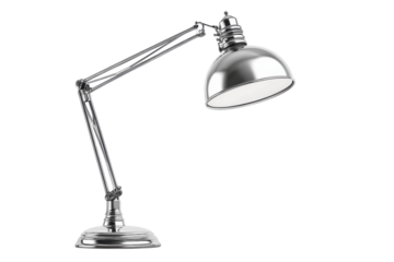 Sleek silver adjustable desk lamp perfect for modern home or office showcasing elegant design and functionality against a black background on transparent background