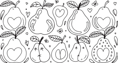 Monochrome hand drawn illustration of pears in a whimsical style with one pear lying down and the other standing against a lightly textured background