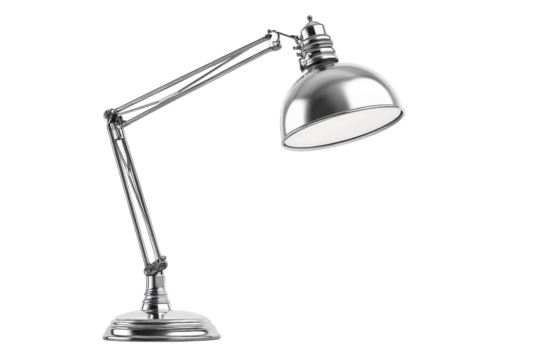 Sleek silver adjustable desk lamp perfect for modern home or office showcasing elegant design and functionality against a black background on transparent background - Powered by Adobe