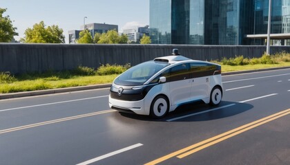Futuristic autonomous vehicle driving on city road with modern architecture in the background, showcasing technology and innovation
