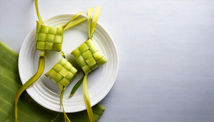 White plate with ketupat Rice Cake on left side of white table background using &frac34; Camera Angle