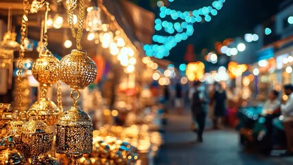 Golden ornaments in a bustling night market