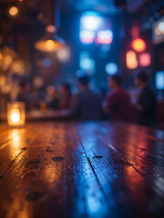 Image of top of wood table with light reflection with abstract blur bar or club in the dark night background printed on Printed Glass Basin Splashbacks