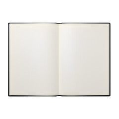 An open journal with blank pages ready for writing or drawing displayed flatly on transparent background