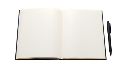 Open notebook with blank pages and a pen resting beside it ready for writing on transparent background