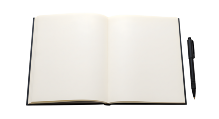 Open notebook with blank pages and a pen resting beside it ready for writing on transparent background
