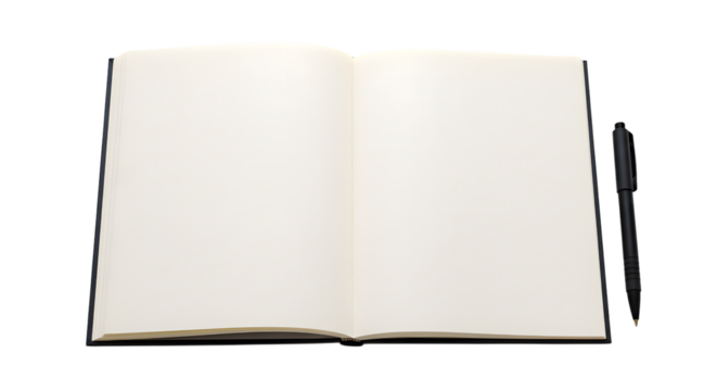 Open notebook with blank pages and a pen resting beside it ready for writing on transparent background