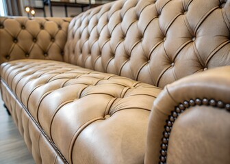 Obraz premium Luxury Leather Upholstery Detailed Close-Up of Button Tufted Sofa Texture, Elegant Design for Home Interiors