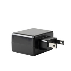 Isolated view of a compact power adapter with us style plug configuration on transparent background