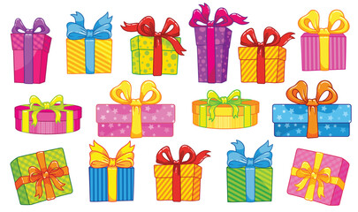 Cheerful cartoon gifts a vibrant collection of colorful presents with bows and patterns