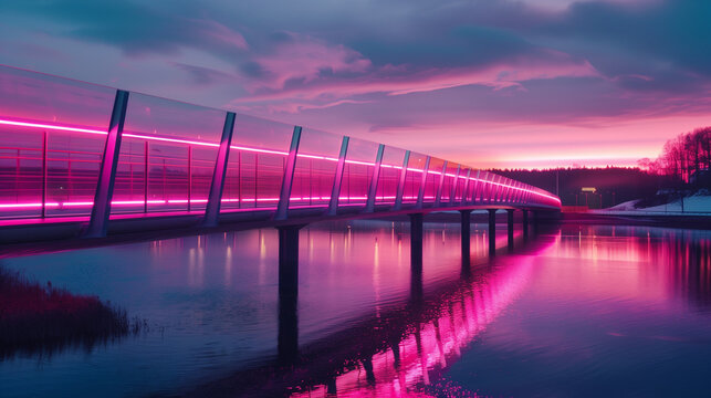 Solvesborg`s pedestrian bridge with pink luminance 