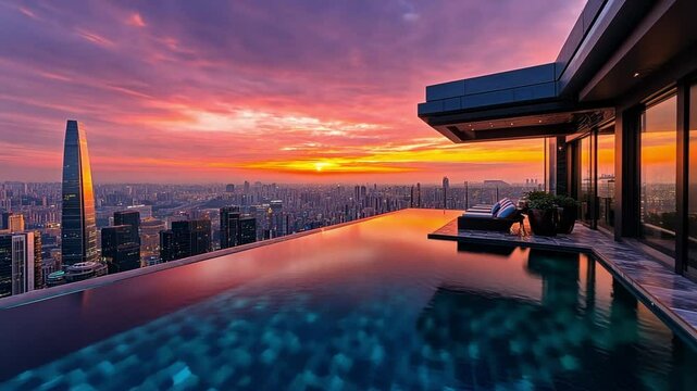 Spectacular Cityscape Sunset View from Infinity Pool