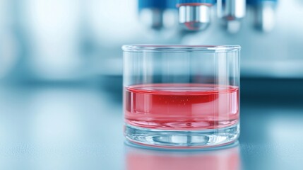 Red Liquid Sample in Glass Beaker on Lab Bench Scientific Experiment